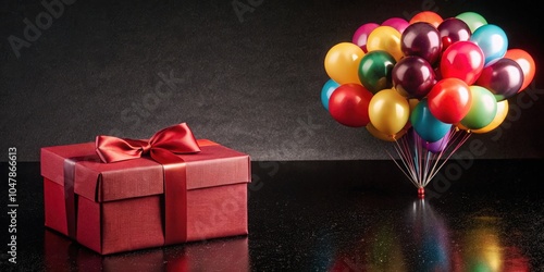 A red gift box tied with a satin ribbon sits on a dark, shimmering surface next to a cluster of colorful balloons that reflect on the surface