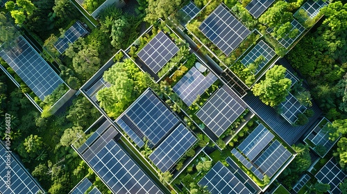 Solar Powered Eco-Hub: Bird’s Eye View of Large-Scale Data Center Integrated with Solar Panels and Verdant Environs