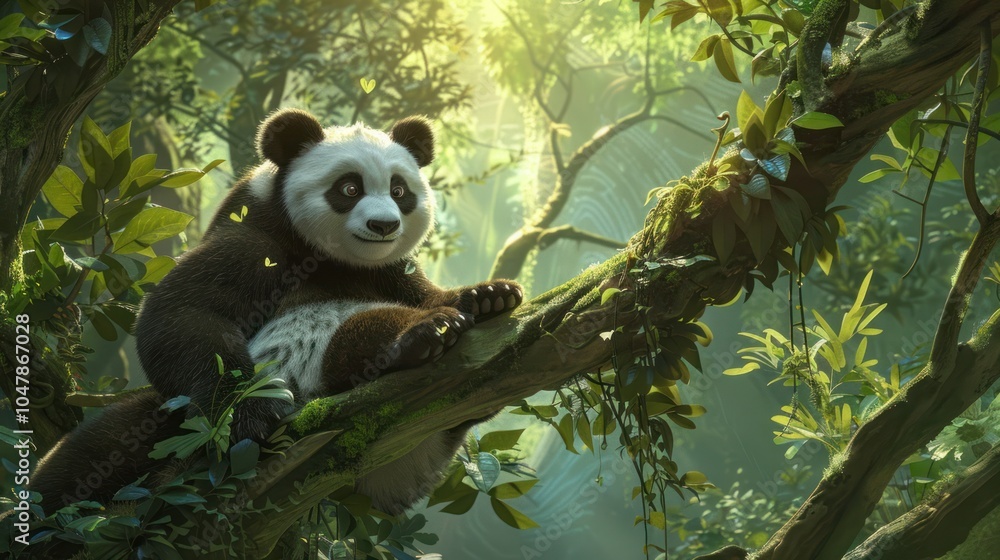 Obraz premium A Panda Bear Perched on a Branch in a Lush Jungle