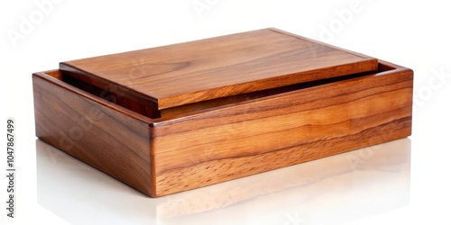 A polished, rectangular wooden box with a lid slightly ajar, showcasing the warm grain of the wood and the smooth surface.