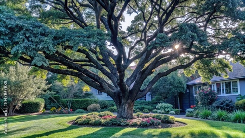 A majestic old tree with sprawling branches casts a long shadow on a lush green lawn, while sunlight filters through its leaves, illuminating the surrounding landscape.