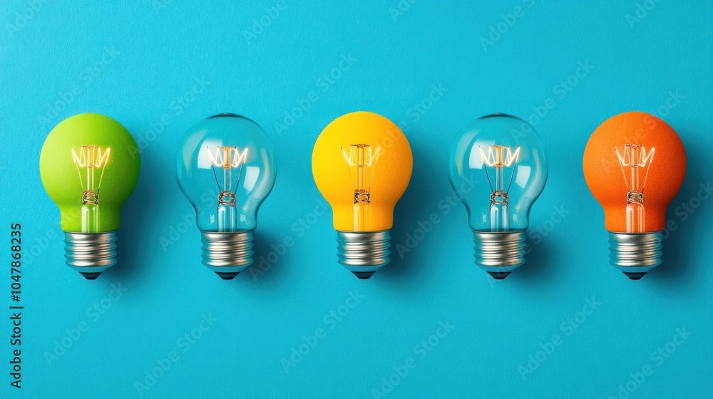 Colorful Lightbulbs on Blue Background Colorful Lightbulbs on Blue Background