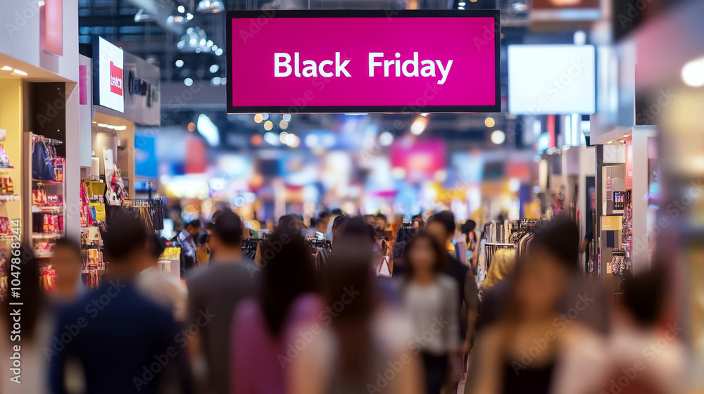 People shop inside a crowded mall, with a bright banner above. Concept shopping rush during sales. For stock photos of retail environments. People shop inside a crowded mall, with a bright banner above. Concept shopping rush during sales. For stock photos of retail environments.