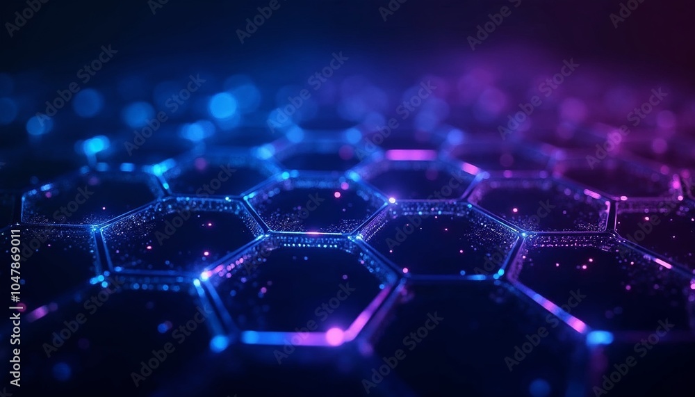 Obraz premium Futuristic honeycomb design with neon hexagons in blue and purple against a dark background for sci-fi effect