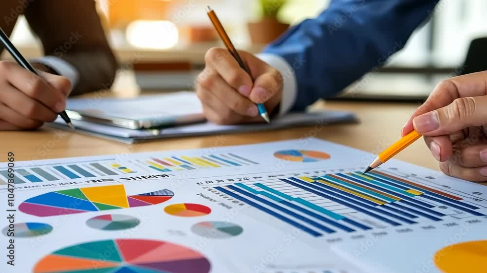 The business team worked together with a calculator and documents on a desk discussing a financial plan. The business team worked together with a calculator and documents on a desk discussing a financial plan.