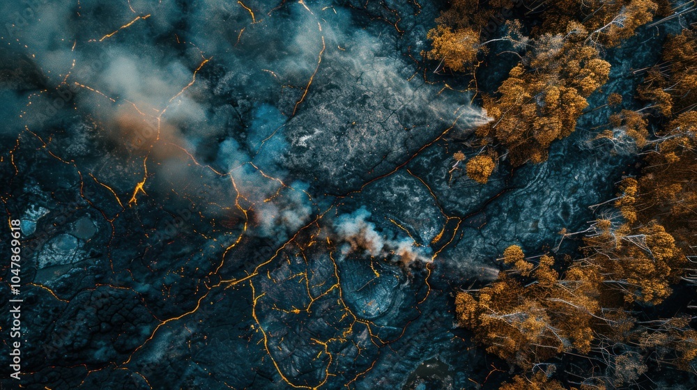 Aerial View of Smoldering Lava Flow with Forest Border Aerial View of Smoldering Lava Flow with Forest Border