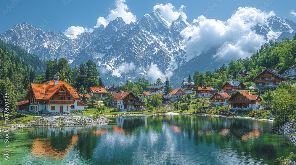 Scenic mountain landscape with a serene lake and charming houses. Scenic mountain landscape with a serene lake and charming houses.