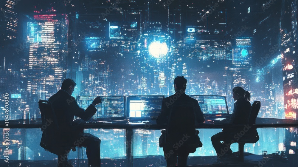 Cyberpunk Cityscape with Silhouettes of People Working on Computers Cyberpunk Cityscape with Silhouettes of People Working on Computers