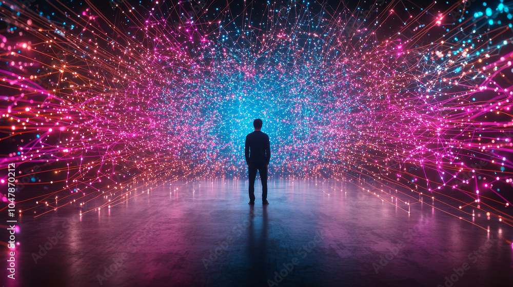 person standing in center of array representing vibrant digital connections, surrounded by colorful lights and patterns, evokes sense of wonder and exploration person standing in center of array representing vibrant digital connections, surrounded by colorful lights and patterns, evokes sense of wonder and exploration