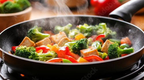 vibrant vegan stir fry in process, featuring crispy tofu and colorful vegetables like broccoli, bell peppers, and more, creating delicious and healthy meal