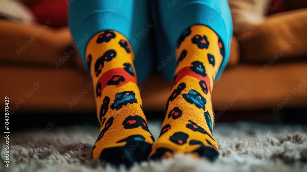 Naklejka premium Closeup view of a person s feet wearing bright colorful patterned socks that exhibit a fun quirky and fashionable style The socks feature a bold graphic design with a mix of vivid colors
