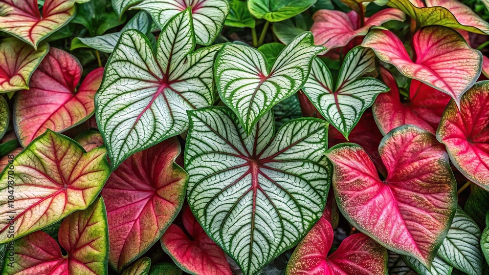 Symmetrical pattern of Epipennumpinnatum and Caladium bicolor in vibrant garden greens Symmetrical pattern of Epipennumpinnatum and Caladium bicolor in vibrant garden greens
