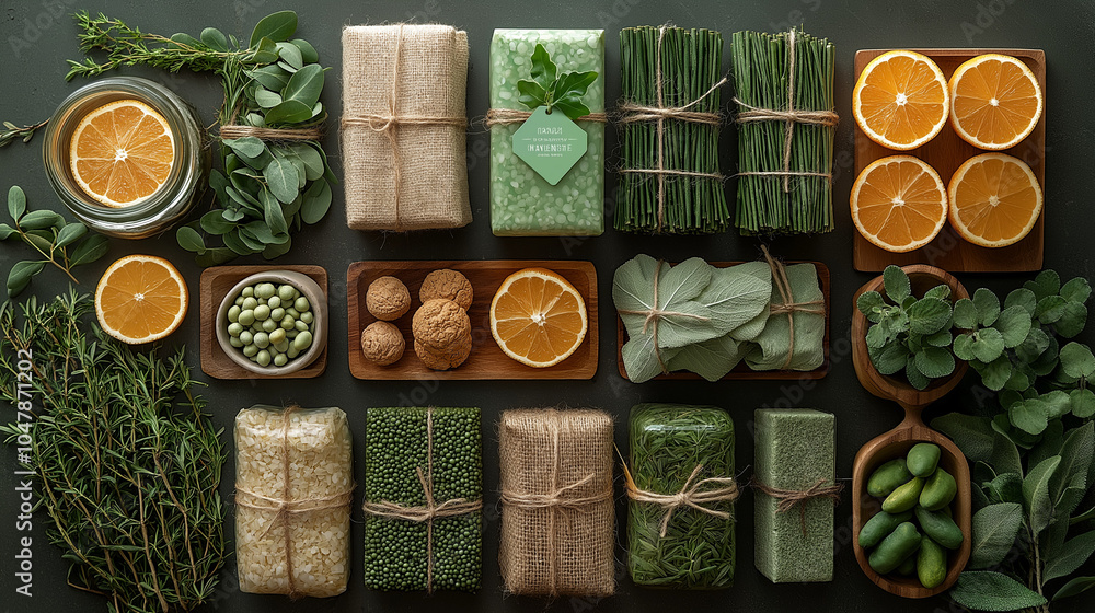 Natural Handmade Soap: A captivating flat lay showcasing an array of natural handmade soaps, presented with fresh citrus, eucalyptus leaves, and rustic wooden elements. Natural Handmade Soap: A captivating flat lay showcasing an array of natural handmade soaps, presented with fresh citrus, eucalyptus leaves, and rustic wooden elements.