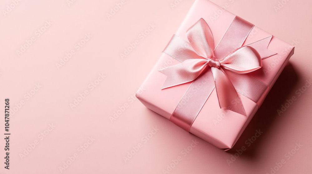 A pink gift with a satin bow on a soft pink background for Valentine's Day A pink gift with a satin bow on a soft pink background for Valentine's Day