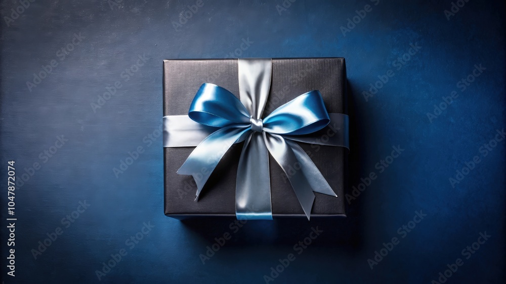 A navy blue gift box with a blue and silver satin ribbon bow on a deep blue background. A navy blue gift box with a blue and silver satin ribbon bow on a deep blue background.