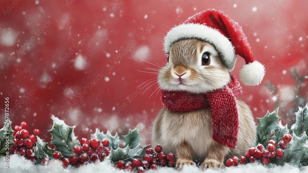 Cute Rabbit in Christmas Hat and Scarf with Holly Background Cute Rabbit in Christmas Hat and Scarf with Holly Background