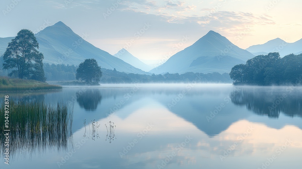 Serene landscape with mountains and calm lake reflecting the early morning light. Serene landscape with mountains and calm lake reflecting the early morning light.
