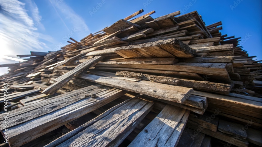 A towering stack of weathered wooden planks against a bright blue sky with wispy white clouds A towering stack of weathered wooden planks against a bright blue sky with wispy white clouds