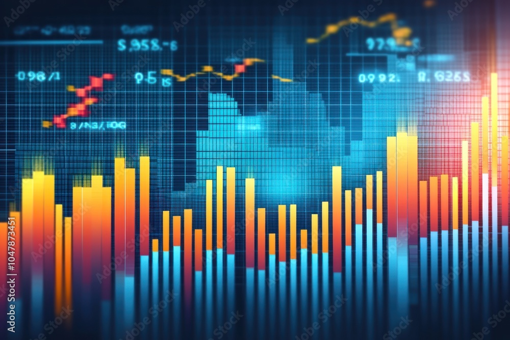 Abstract financial chart with rising bars and graphs showing growth and success. Abstract financial chart with rising bars and graphs showing growth and success.