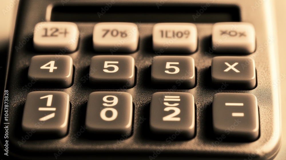 Close-up of calculator keys with numbers 4, 5, 5, 1, 9, 0, 2, and symbols +, =, x, /. Close-up of calculator keys with numbers 4, 5, 5, 1, 9, 0, 2, and symbols +, =, x, /.