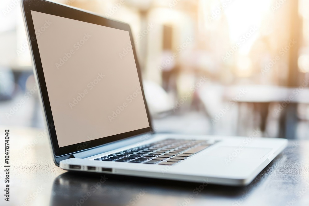 Fototapeta premium A laptop computer with a blank screen sits on a table in an outdoor cafe.