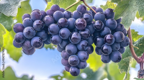 Vibrant cluster of ripe grapes hanging from a vine with lush green leaves