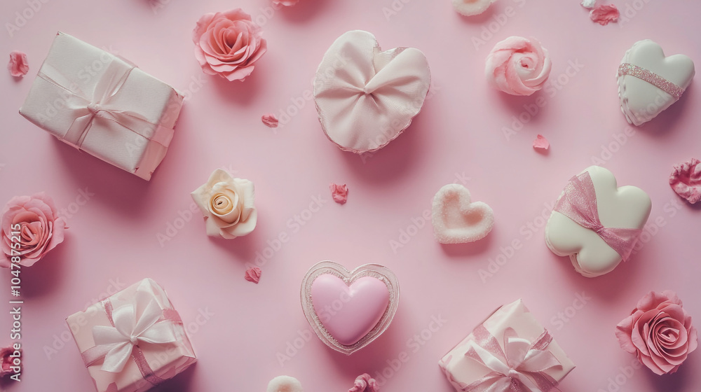 Valentine's Day themed decorations with heart-shaped gifts and roses on a pink background Valentine's Day themed decorations with heart-shaped gifts and roses on a pink background