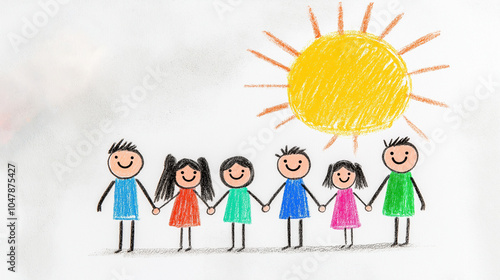 Colorful crayon family drawing with smiling stick figures under a bright sun