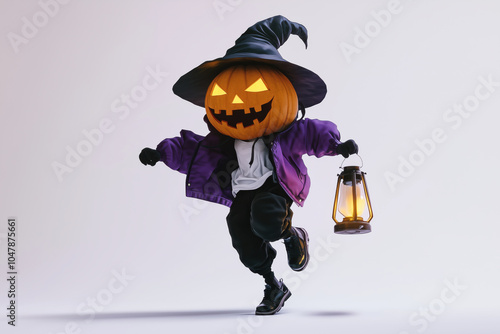 Personagem de Halloween com cabeça de abóbora sorridente, chapéu de bruxa e lanterna, em poses divertidas e iluminação sombria, criado por IA generativa. photo