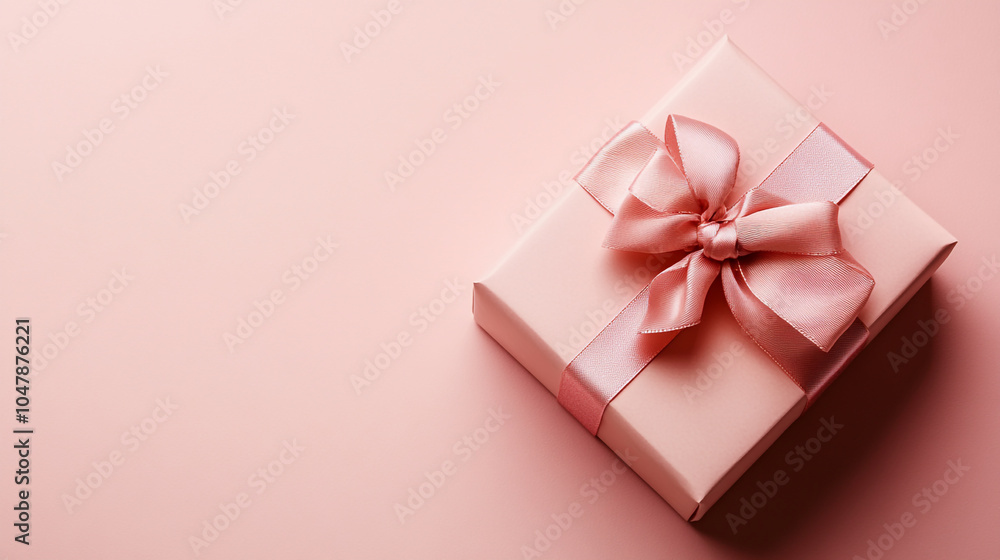 Delicate pink gift box with a ribbon on a soft pink background for Valentine's Day Delicate pink gift box with a ribbon on a soft pink background for Valentine's Day