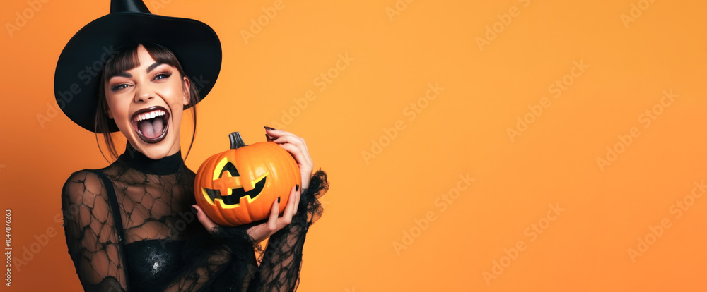 Banner of Cheerful young woman in a black witch hat smiling with a jack-o-lantern on an orange background Banner of Cheerful young woman in a black witch hat smiling with a jack-o-lantern on an orange background