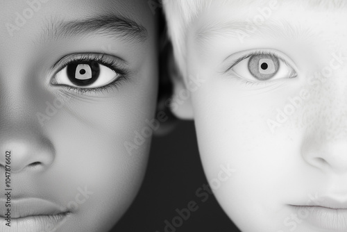 black and white portrait of african and caucasian children's faces side by side photo