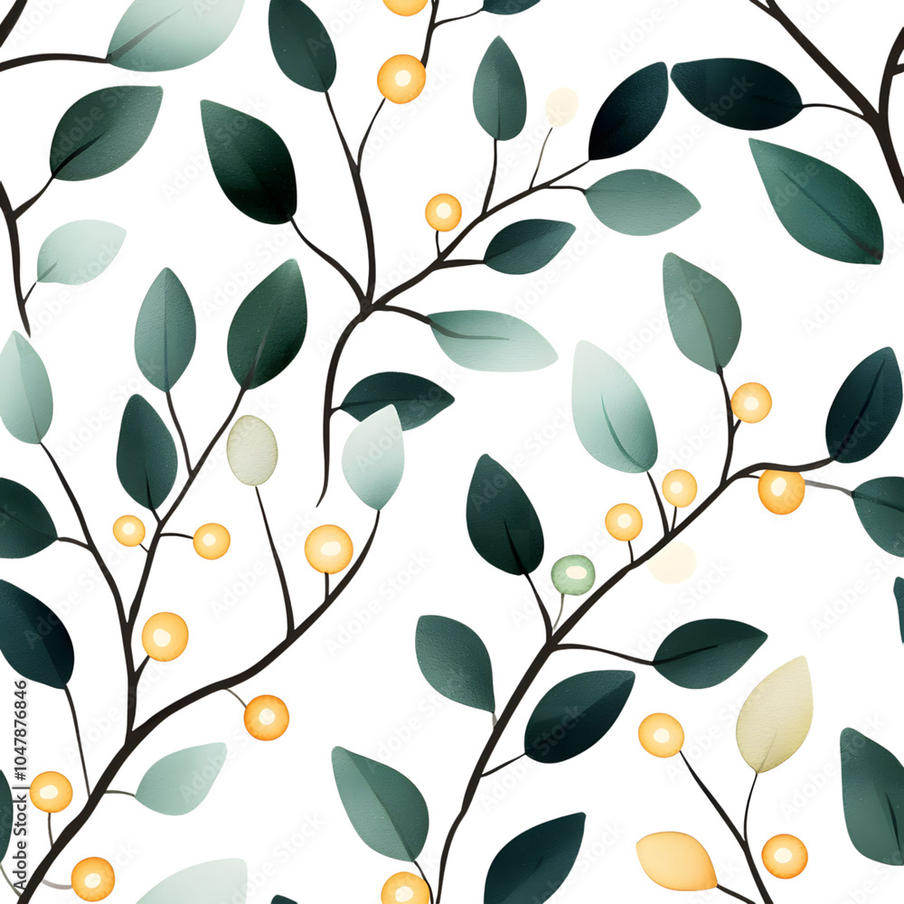 A vibrant pattern featuring green leaves and yellow berries against a white background, ideal for textiles or decorative designs. A vibrant pattern featuring green leaves and yellow berries against a white background, ideal for textiles or decorative designs.