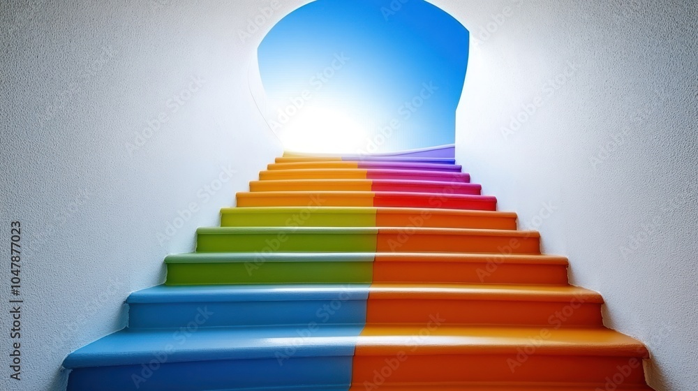 Colorful stairs leading to a bright light through a hole in the ceiling, symbolizing success and achievement. Colorful stairs leading to a bright light through a hole in the ceiling, symbolizing success and achievement.