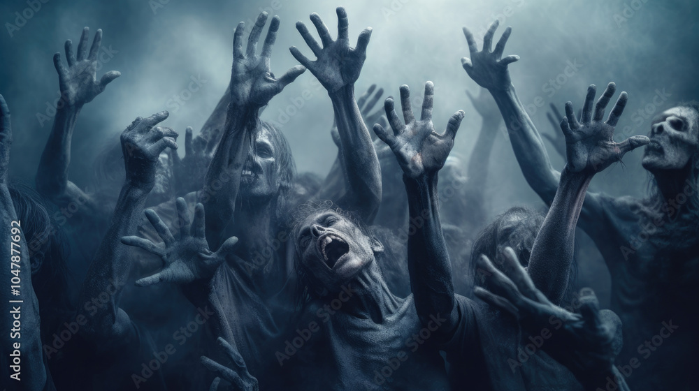 Large Group of Zombies Reaching Towards the Sky in a Dark and Eerie Setting Large Group of Zombies Reaching Towards the Sky in a Dark and Eerie Setting