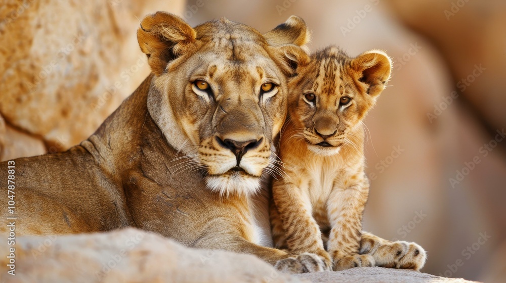Obraz premium A lioness nurtures her playful cub in the wild, showcasing the beauty of animals in their natural habitat.
