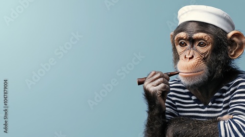 Chimpanzee in sailor outfit pondering with pipe against blue backdrop