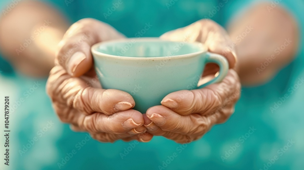 Delicate, wrinkled hands cradle a warm coffee cup, radiating warmth and comfort in a moment of quiet reflection. Delicate, wrinkled hands cradle a warm coffee cup, radiating warmth and comfort in a moment of quiet reflection.