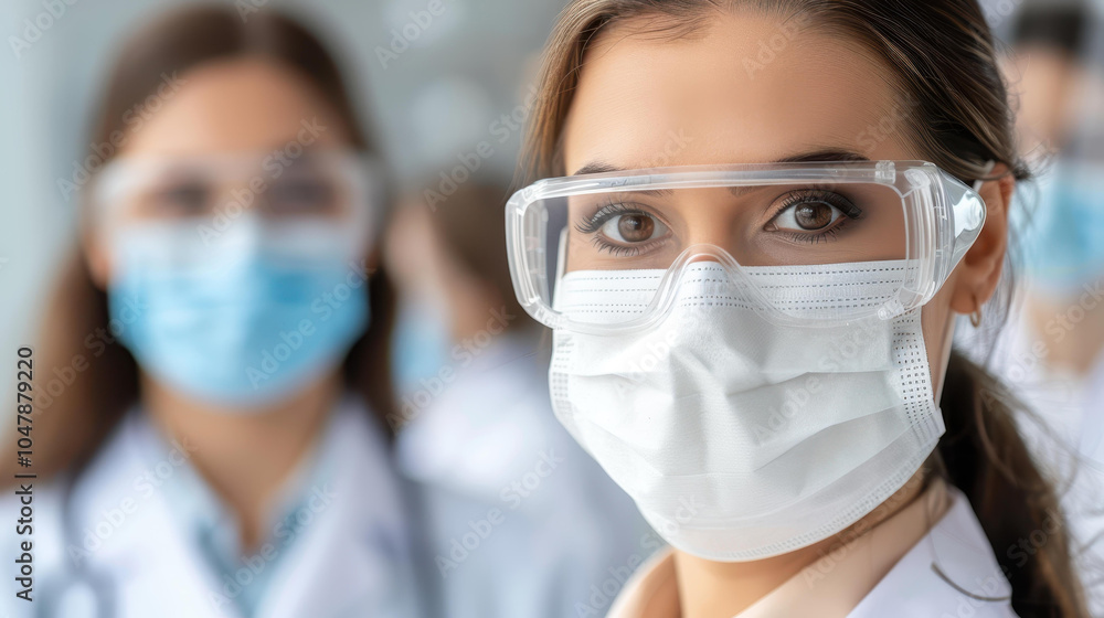 A dedicated nurse in a face shield and mask stands strong, showcasing her teams commitment to healthcare excellence. A dedicated nurse in a face shield and mask stands strong, showcasing her teams commitment to healthcare excellence.