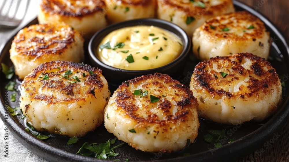 Closeup of golden brown potato cakes with a dipping sauce on a black plate. Closeup of golden brown potato cakes with a dipping sauce on a black plate.