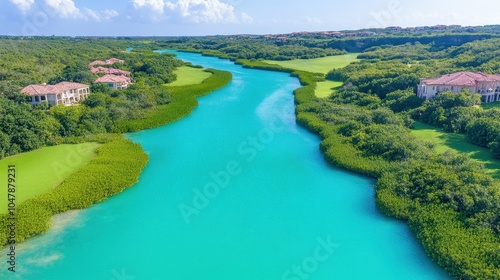 Aerial view of tropical river cutting through verdant landscape with luxurious villas