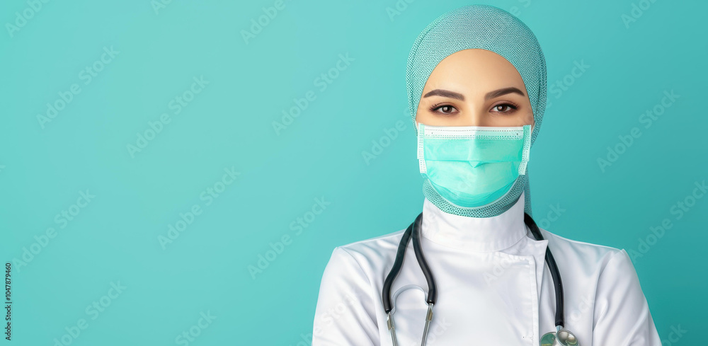 A female doctor in a hijab and mask, skillfully balancing professionalism with cultural identity against a blue backdrop. A female doctor in a hijab and mask, skillfully balancing professionalism with cultural identity against a blue backdrop.