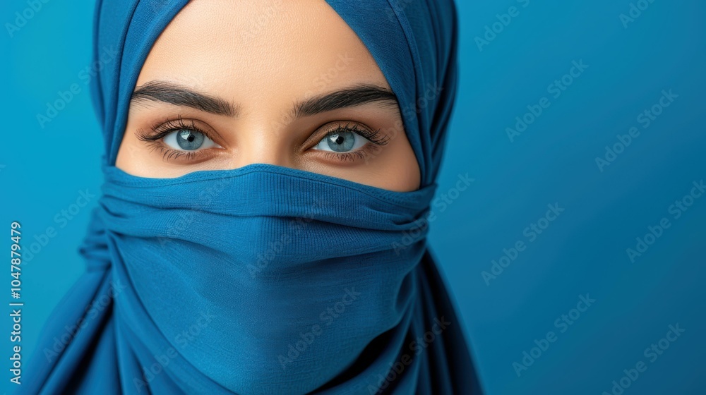 Naklejka premium A female doctor in a hijab and mask, skillfully balancing professionalism with cultural identity against a blue backdrop.