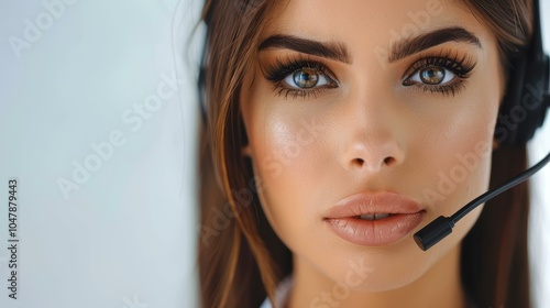 A focused female support operator attentively listens to a client over her headset in a busy call center environment. photo