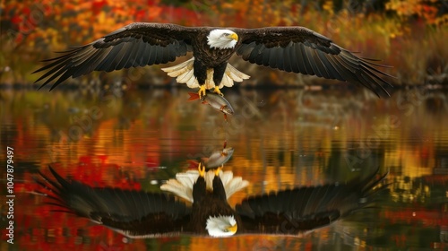 Wallpaper Mural Bald Eagle in Flight with Fish Over Autumnal Water Torontodigital.ca