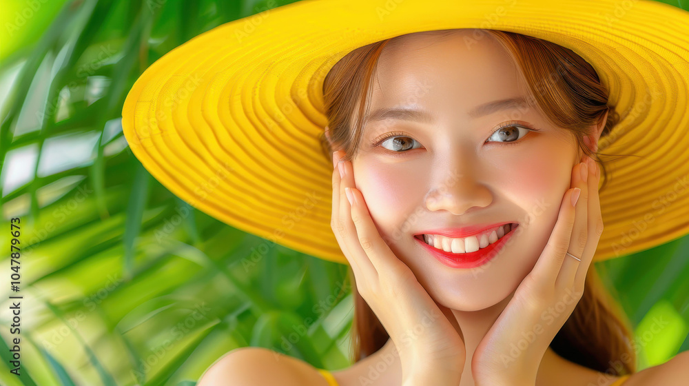 Young Asian traveler enjoying summer sun, shielding her face while radiating joy. Perfect for beauty and skincare inspiration. Young Asian traveler enjoying summer sun, shielding her face while radiating joy. Perfect for beauty and skincare inspiration.