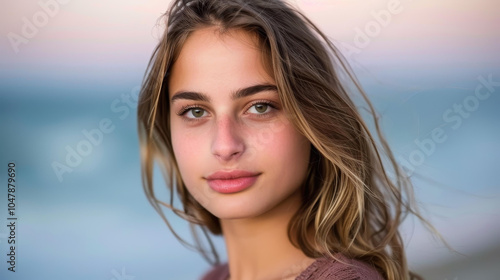 A serene portrait of a young woman against a vibrant beach sunset, capturing the essence of tranquility and beauty.