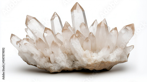 Geometric beauty of clear quartz crystal cluster on white background