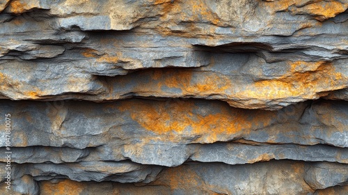 Close-up of layered gray and orange rock face.