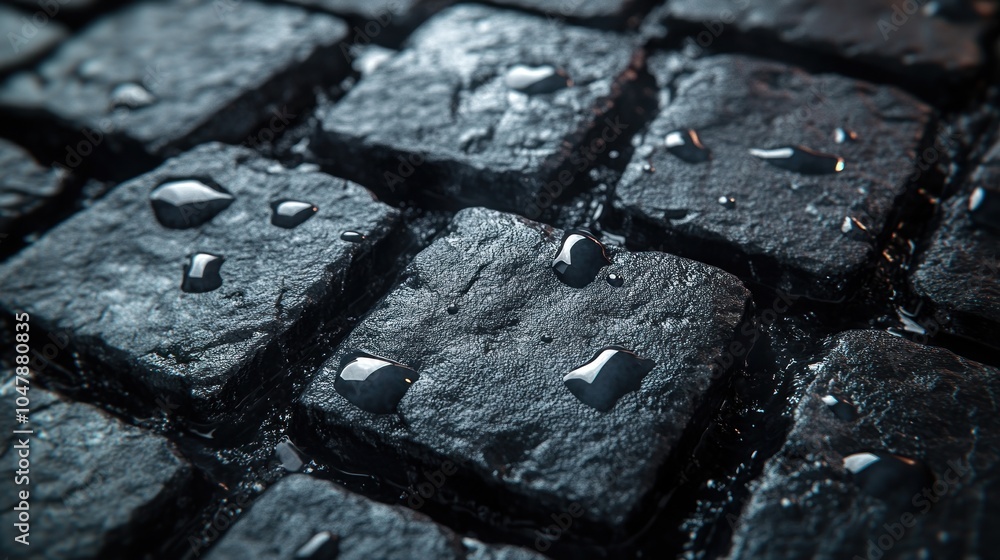 Closeup of raindrops on a wet cobblestone path. Closeup of raindrops on a wet cobblestone path.